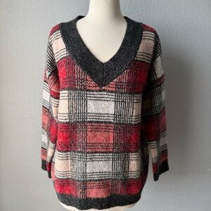 Natural Reflections Cozy Plaid Soft V-Neck Sweater - Red, Black, and Cream